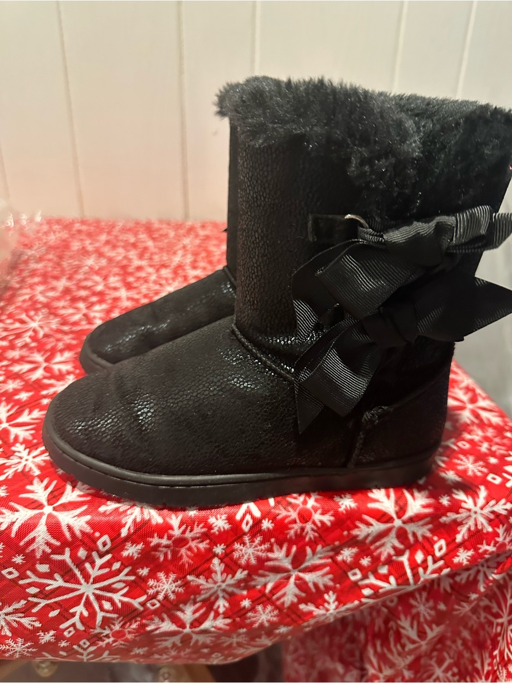Black Bow Detail Faux Fur Winter Boots girls